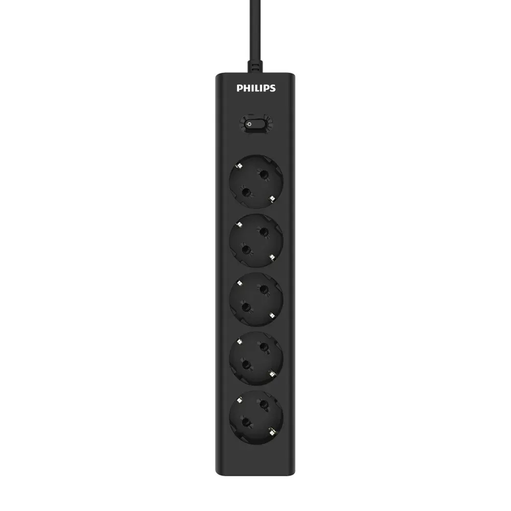 Сетевой фильтр удлинитель Philips CHP2155BB/51 с пятью стандартными розетками EU, с заземлением и защитой от перегрузок, 3 м, черный