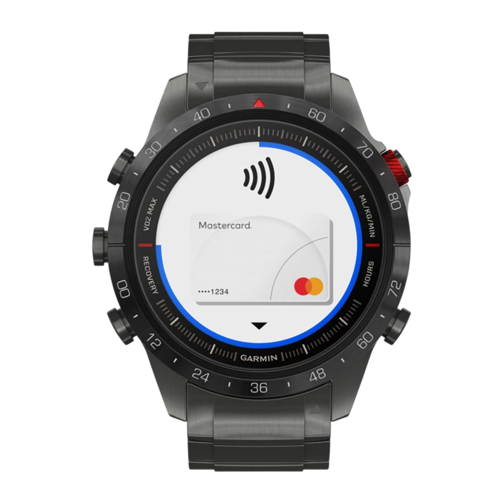 Спортивные часы Garmin MARQ Athlete (Gen 2) Performance Edition, гибридный блочный браслет, силиконовый ремешок цвета «красная плазма» Безель и корпус из титана с DLC-покрытием, AMOLED-дисплей с куполообразным сапфировым стеклом. Блочный браслет из титана