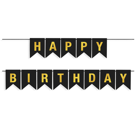 Гирлянда Флажки, Happy Birthday, Черный/Золото, Металлик, 500 см, 16*12 см.