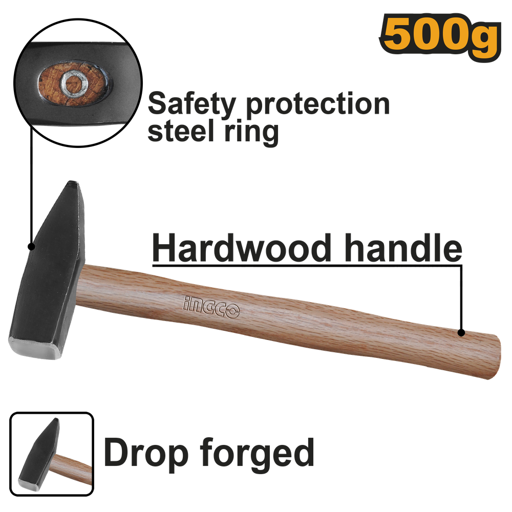 Молоток слесарный с деревянной рукояткой INGCO HMH040500 500 г