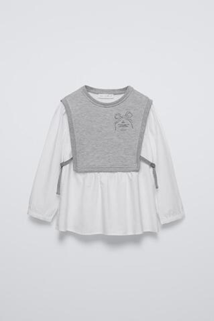 ZARA КОНТРАСТНАЯ РУБАШКА С БАНТАМИ, СЕРЫЙ С МЕЛАНЖЕВЫМ ЭФФЕКТОМ
