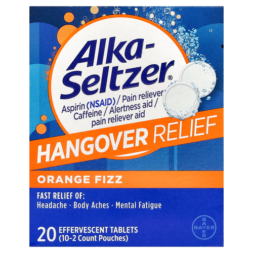 Alka-Seltzer, От похмелья, апельсиновая шипучка, 10 пакетиков, по 2 шипучие таблетки