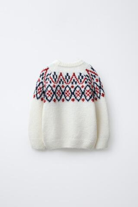 ZARA ЖАККАРДОВЫЙ СВИТЕР ИЗ СМЕСОВОЙ ШЕРСТИ, ЭКРЮ/КРАСНЫЙ