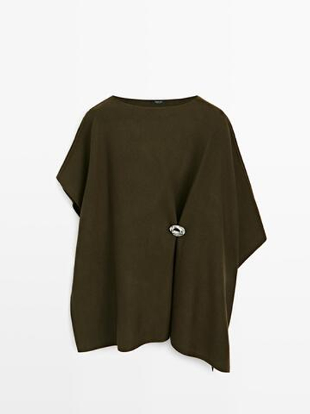 Massimo Dutti Вязаная накидка с брошью, оливковый