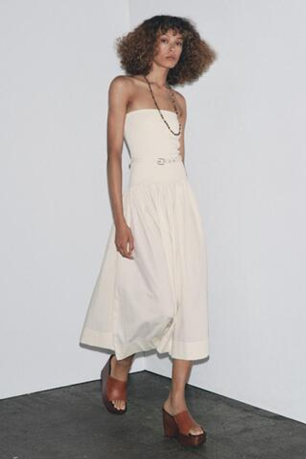 ZARA КОМБИНИРОВАННОЕ ПЛАТЬЕ С ПОЯСОМ, ЭКРЮ