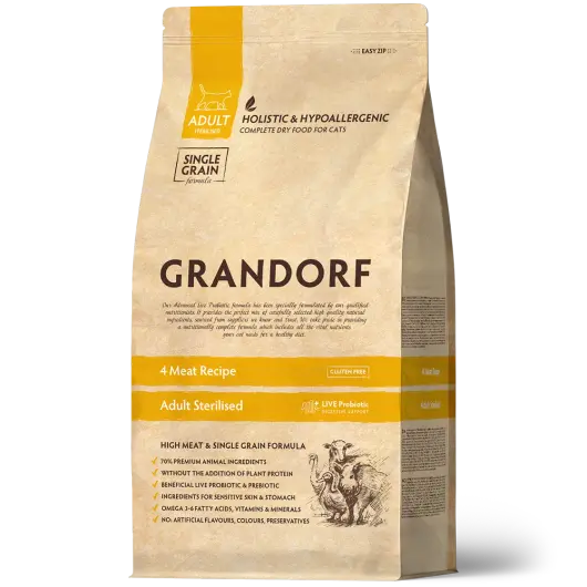 Сухой низкозерновой корм GRANDORF CAT 4 Meat PROBIOTIC STERILISED Четыре вида мяса для стерилизованных кошек с чувствительным пищеварением 0,4кг
