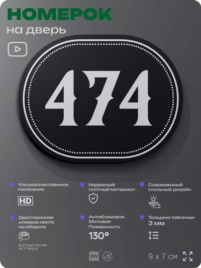 Номерок на дверь квартиры 474, для кабинета, офиса, шильдик 9 х 7 см, черный, Айдентика Технолоджи