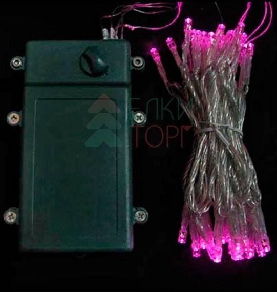 Светодиодная гирлянда 5 м., 3 батарейки типа D 4.5V, 50 LED ламп розового цвета, таймер, прозрачный провод, LTC (EST50-4W10-8P)
