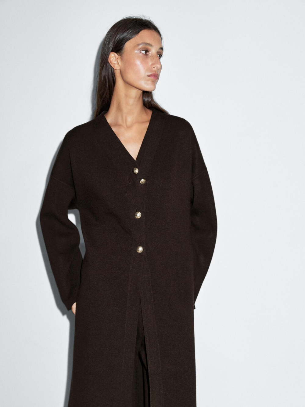Massimo Dutti Длинный вязаный кардиган с золотыми пуговицами, коричневый
