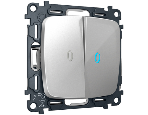 MO404060 Комплект механизма 2-кл выключателя с самовозвратом с подсветкой 10000K OMEGA Серебро глянец QUANT (OP4040, VM129, G17B)