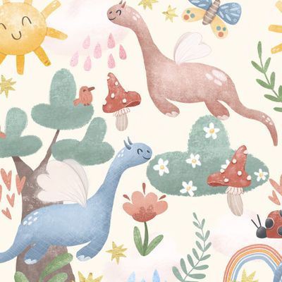 Сказочный паттерн с динозаврами на светлом фоне