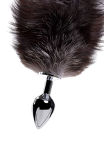 Большая серебристая металлическая анальная втулка с хвостом-чернобуркой (Цвет: черный с серым)