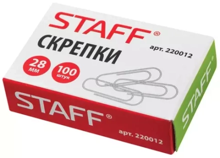 Скрепки STAFF "EVERYDAY", 28 мм, металлические, 100 шт., вкартонной коробке, Россия