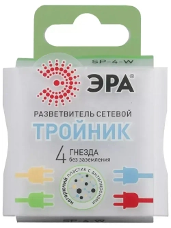 Тройник SP-4-W ЭРА розетка электрический / Разветвитель без заземления, 4 розетки, 16А, белый