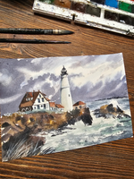 Картина авторская акварельная в паспарту 21*30 см на стену для интерьера "Маяк Портленд-Хед. США"