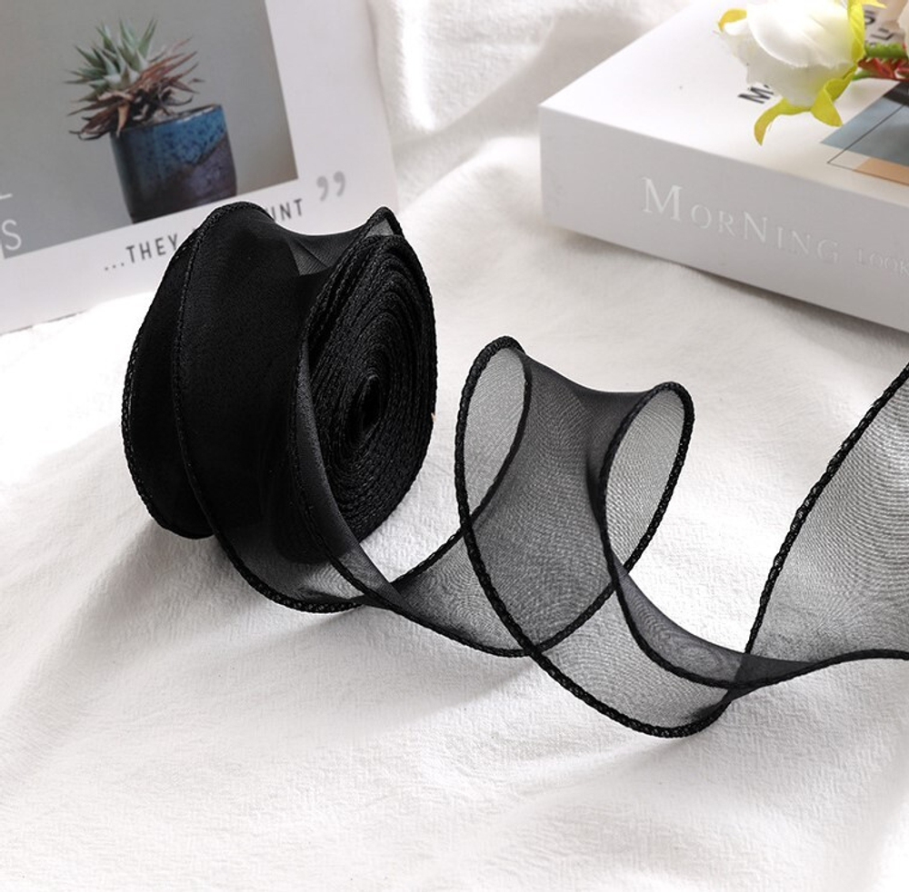 Лента декоративная (4 см*9,14 м) Органза с леской, Черный, 1 шт., 6233766