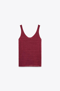 ZARA ТРИКОТАЖНЫЙ ТОП ИЗ СМЕСОВОГО ЛЬНА, ГРАНАТОВЫЙ