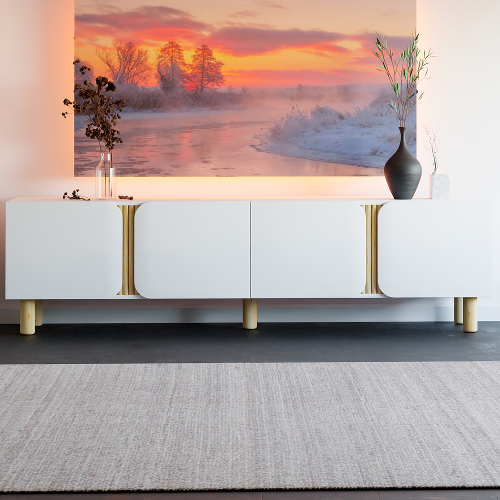 Тумба под телевизор Ола, 200 см, на деревянных ножках из сосны, белый