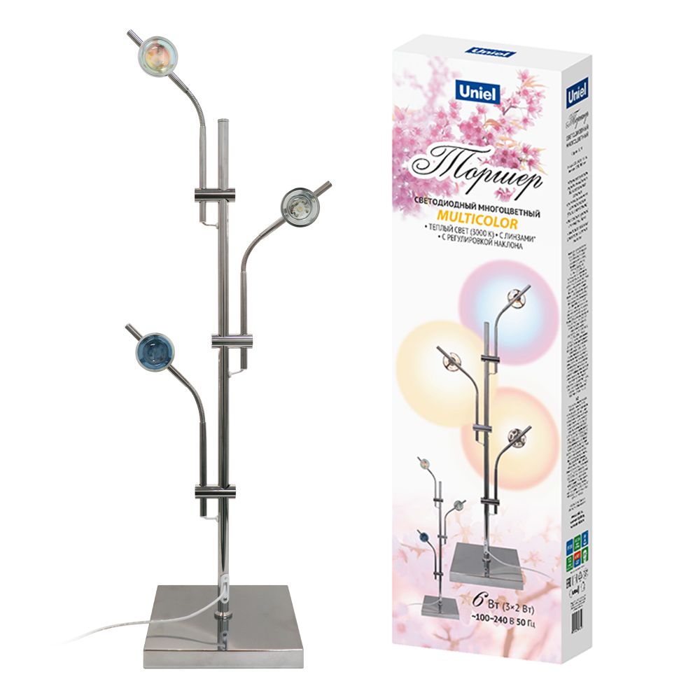 ULM-T640 3x2W-3000K CHROME MULTICOLOR Торшер напольный светодиодный. c регулировкой наклона. с линзами. Сменные светофильтры в-к. Механический выключатель. Металл. Хром. ТМ Uniel