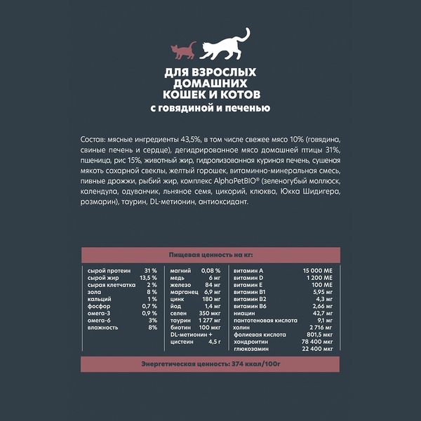 Сухой корм AlphaPet WOW Superpremium для взрослых домашних кошек и котов c говядиной и печенью