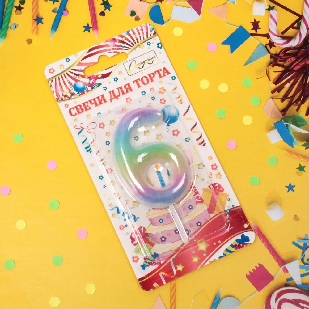 Свеча для торта Цифра Радуга «6» 6*4 см
