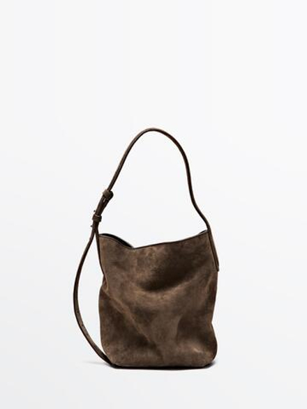 Massimo Dutti Мини-сумка-ведро из натуральной кожи и кожи, серо-коричневый