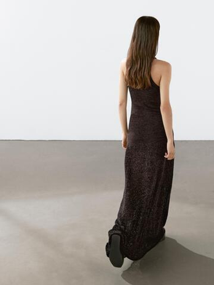 Massimo Dutti Длинное вязаное платье из смесовой хлопковой ткани, коричневый