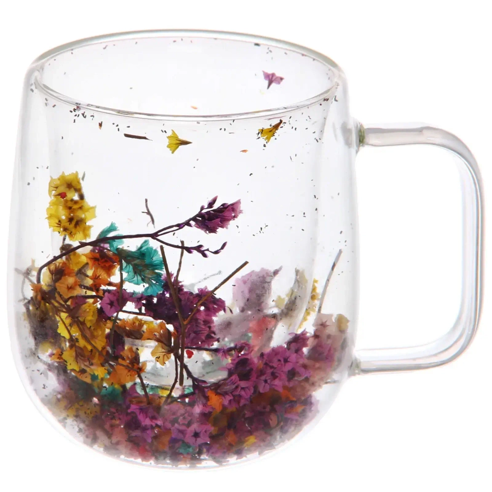 Кружка стеклянная с двойными стенками 250мл «Хай-Тек» с цветами