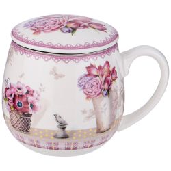 КРУЖКА ЗАВАРОЧНАЯ С МЕТАЛЛ. СИТОМ И ФАРФОР. КРЫШКОЙ LEFARD ТЮЛЬПАНЫ 420 МЛ