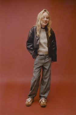 ZARA УТЕПЛЕННЫЕ БРЮКИ BARREL В КЛЕТКУ, СВЕТЛО-БЕЖЕВЫЙ