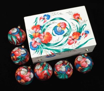Zhostovo Christmas balls in wooden box - set of 6 balls SET04D-667785782