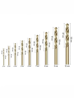 Набор кобальтовых сверл по металлу 2-10мм, 9 шт. HSSCO, Р6М5К5