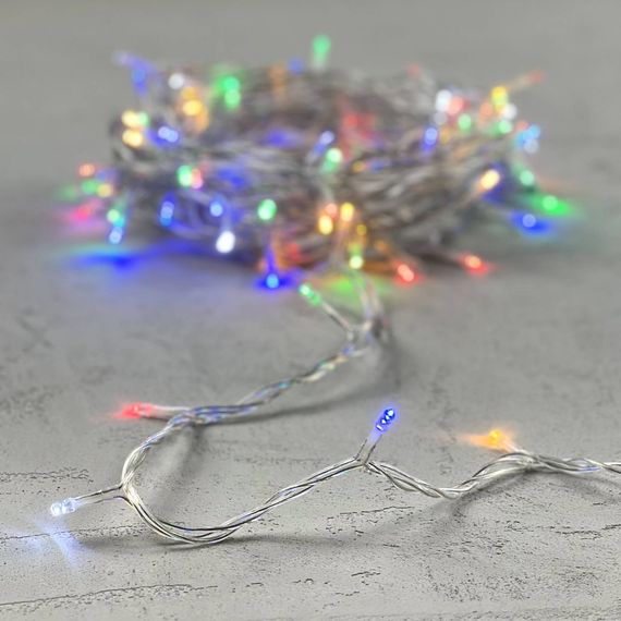 Светодиодная нить 100 разноцветных LED ламп с мерцанием, 10 м., 24В, прозрачный провод ПВХ, LTC (PST100BLW-10-1M)