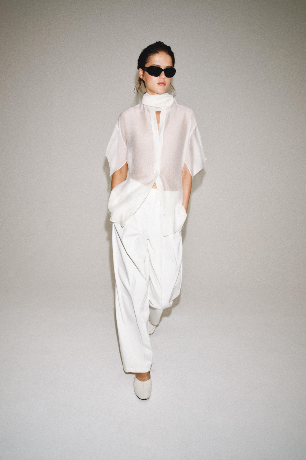 ZARA РУБАШКА С ШАРФОМ — ZW COLLECTION, БЕЛЫЙ