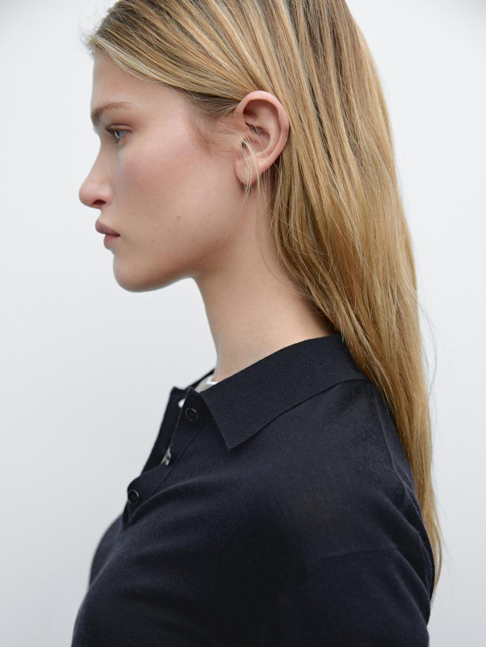 Massimo Dutti Свитер из 100% шерсти с воротником поло и пуговицами, темно-синий