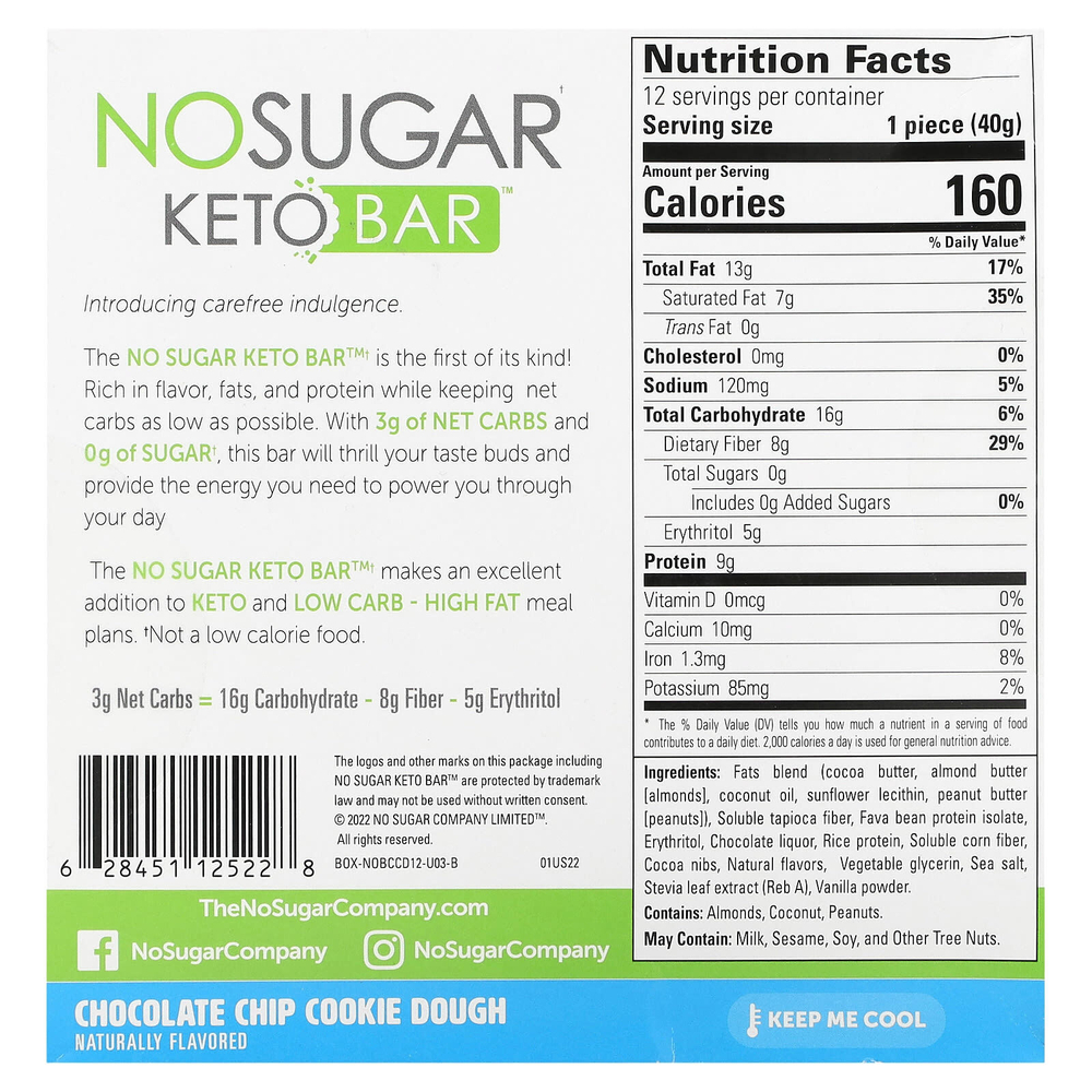No Sugar Company, Keto Bar, тесто для печенья с шоколадной крошкой, 12 батончиков по 40 г (1,41 унции)