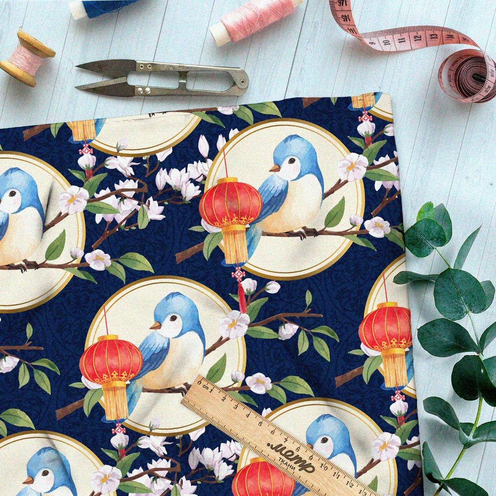 Ткань шифон воробей и красный фонарь