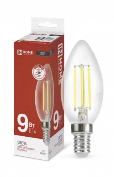 Лампа светодиодная LED-СВЕЧА-deco 9Вт 230В Е14 4000К БЕЛЫЙ 1040Лм прозрачная IN HOME