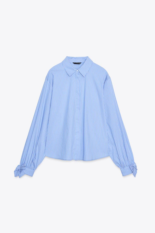 ZARA РУБАШКА ИЗ ПОПЛИНА С ЗАВЯЗКАМИ, СИНИЙ/БЕЛЫЙ