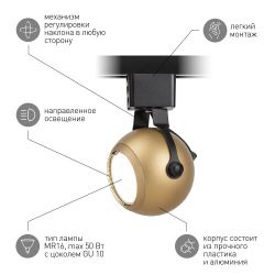Трековый светильник однофазный ЭРА TR35-GU10 MG под лампу MR16 матовое золото