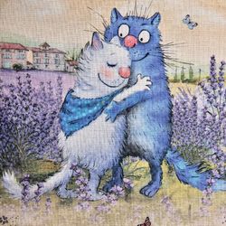 НАБОР ПОЛОТЕНЕЦ ИЗ 2Х ШТ "СИНИЕ КОТЫ. ЛАВАНДА",40Х70СМ, 100% ХЛОПОК,ТВИЛ, БЕЖ