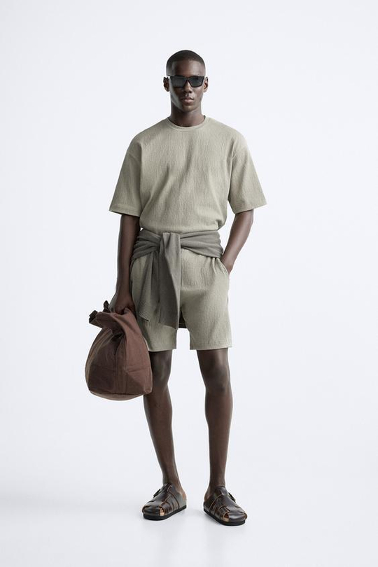 ZARA ШОРТЫ ИЗ РЕЛЬЕФНОЙ ТКАНИ, МЯГКИЙ ЗЕЛЕНЫЙ