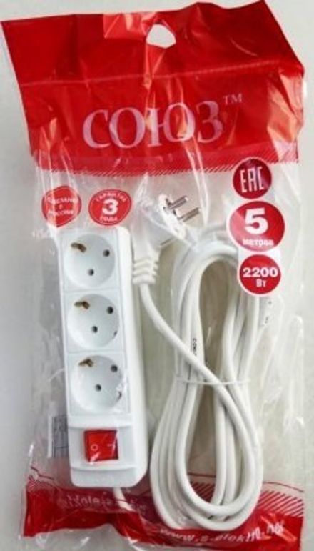 Удлинитель бытовой ТМ Союз 2200 Вт 3гн. ПВС с/з выкл 5м