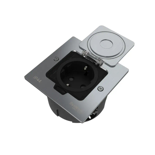 MultiDesk Лючок с розеткой 2К+З, 16А/250В, IP44 с монтажной коробкой для стены, фальшпола, стола Сер