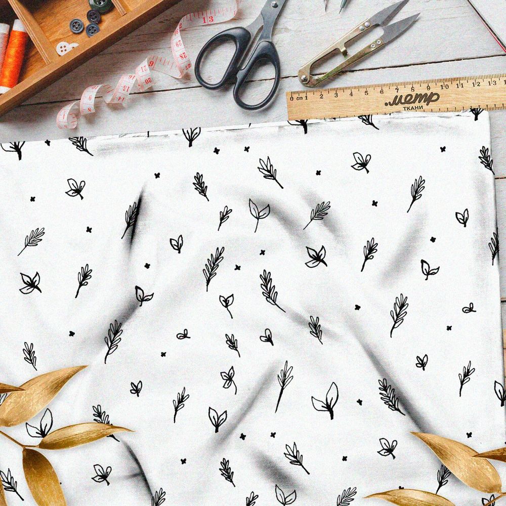 Ткань муслин нарисованные листья на белом фоне