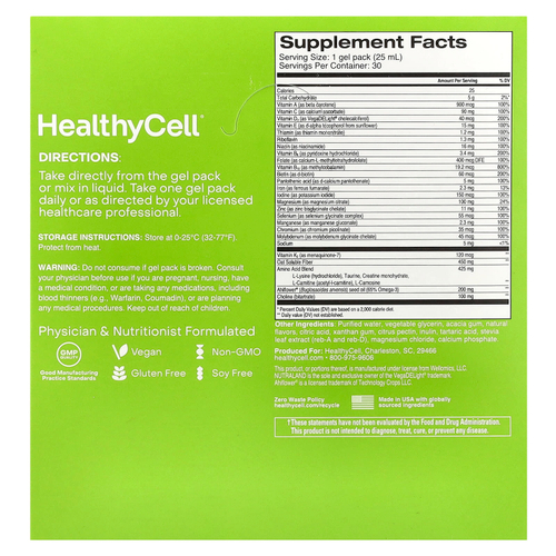 HealthyCell, Vegan Essentials, персик и манго, 30 гелевых пакетиков по 25 мл (0,84 жидк. Унции)