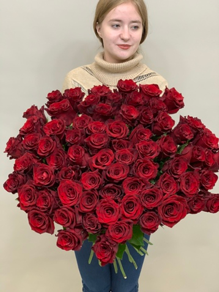 Букет 75 красных роз Эквадор 50см в ленте