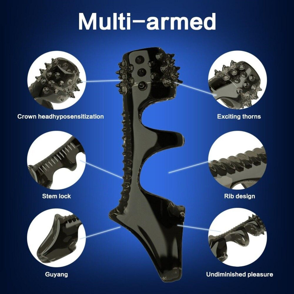 Черная рельефная насадка на пенис «Оки-Чпоки» с усиками (Цвет: черный)