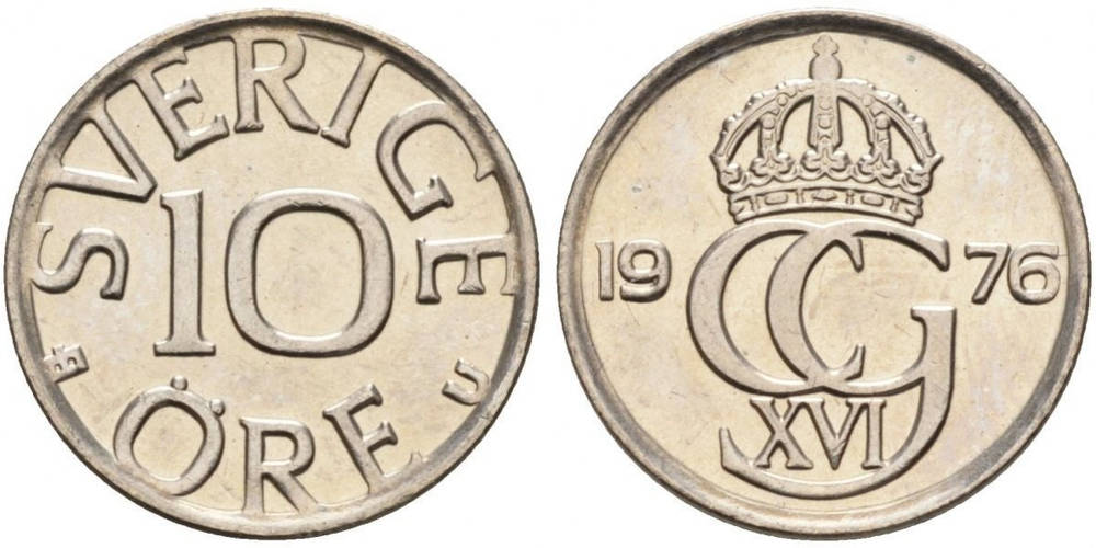 Швеция 10 эре, 1976-1991 Король Карл XVI Густав XF