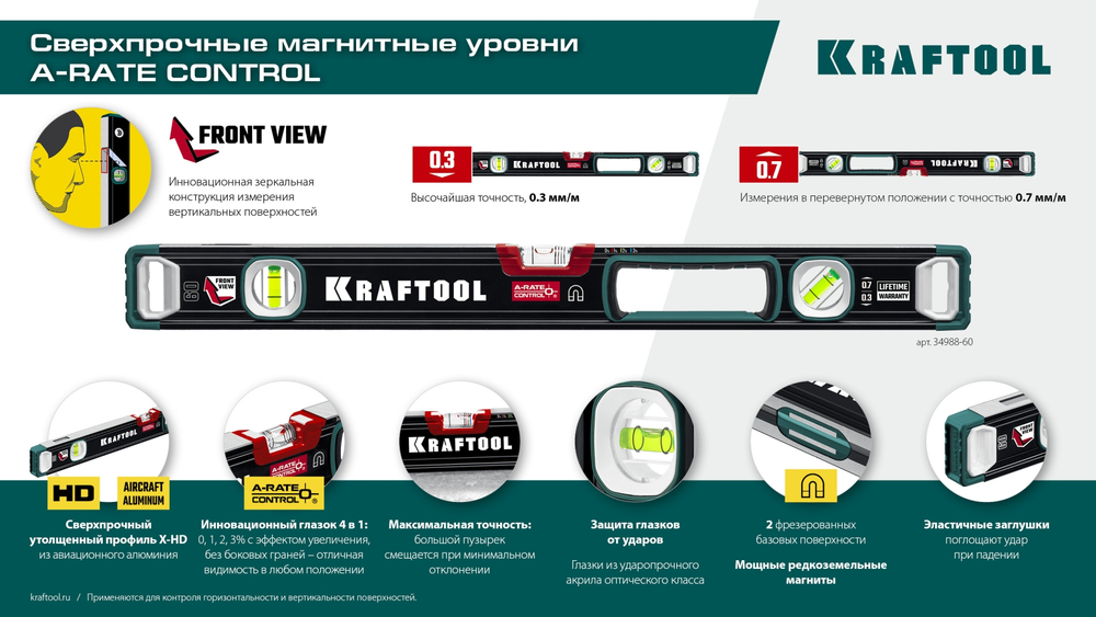 KRAFTOOL A-RATE CONTROL, 2000 мм, точность 0.3 мм/м, с зеркальным глазком, сверхпрочный магнитный уровень (34988-200)